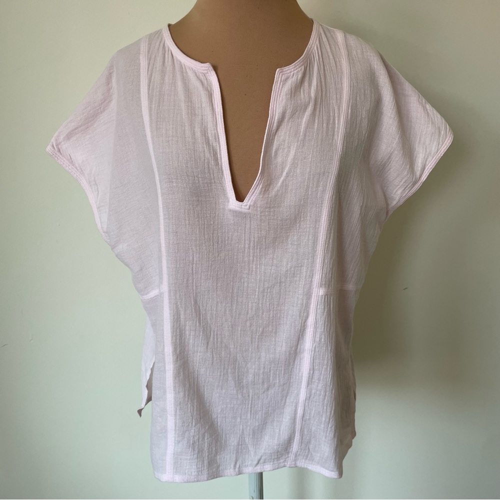 VINCE Seam Detail Cotton Split Neck Pink Cotton Gauze Short Sleeve Top EUC Sz S